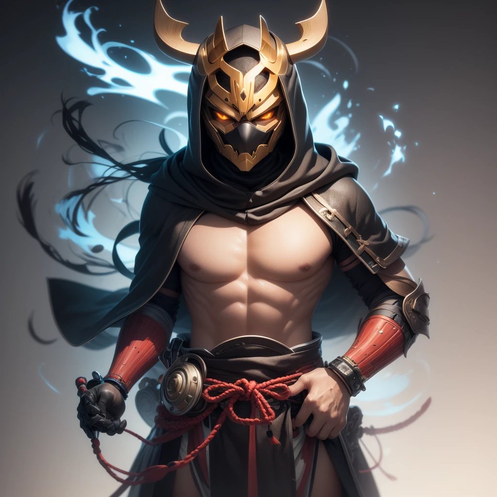 ground level shot on a Canon EOS-1DX Mark III camera with a Canon EF 24-70mm f/2.8L II USM lens of an enigmatic black hooded cybernetic daemon shogun samurai with deer horns samurai helmet, and black mask, enigmatic black hardware and nanotubes on cloak, cybernetic chrome hardware, photo realistic, maximum details, :blank :white studio background --chaos 10 --ar 4:5 --stylize 250 --v 6.0