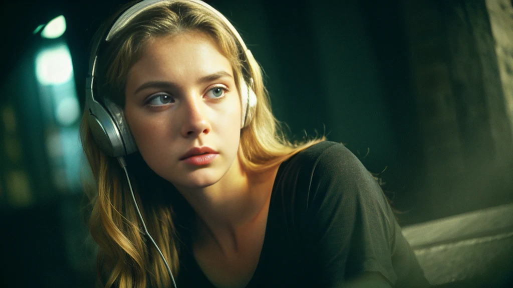 Beautiful blonde with big breasts in a black T-shirt (Sitting in tears in the dark ruins),Wearing headphones,Very detailed, 21 years old, Innocent face, Tears are flowing、Naturally Wavy Hair, blue eyes, High resolution, masterpiece, Highest quality, Intricate details, Very detailed, Clear focus, Delicate skin, practical skin texture, texture, Delicate eyes, Professional, 4K, Sad crying face, Shot with Canon, 85mm, Shallow and deep,  Kodak Vision Color, Exactly, Very detailed, photograph_\(Extremist\), photographpractical, practical, Post-processing, Maximum details, Roughness, Real Life, Extremist practical, Photorealism, photographgraphy, 8K Ultra HD, photographgraphy