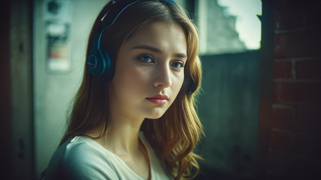 Beautiful blonde with big breasts in a black T-shirt (Sitting in tears in the dark ruins),Wearing headphones,Very detailed, 21 years old, Innocent face, Tears are flowing、Naturally Wavy Hair, blue eyes, High resolution, masterpiece, Highest quality, Intricate details, Very detailed, Clear focus, Delicate skin, practical skin texture, texture, Delicate eyes, Professional, 4K, Sad crying face, Shot with Canon, 85mm, Shallow and deep,  Kodak Vision Color, Exactly, Very detailed, photograph_\(Extremist\), photographpractical, practical, Post-processing, Maximum details, Roughness, Real Life, Extremist practical, Photorealism, photographgraphy, 8K Ultra HD, photographgraphy
