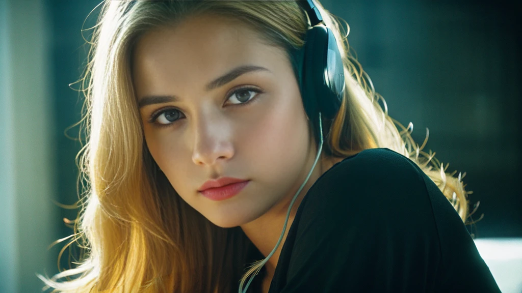 Beautiful blonde with big breasts in a black T-shirt (Sitting in tears in the dark ruins),Wearing headphones,Very detailed, 21 years old, Innocent face, Tears are flowing、Naturally Wavy Hair, blue eyes, High resolution, masterpiece, Highest quality, Intricate details, Very detailed, Clear focus, Delicate skin, practical skin texture, texture, Delicate eyes, Professional, 4K, Sad crying face, Shot with Canon, 85mm, Shallow and deep,  Kodak Vision Color, Exactly, Very detailed, photograph_\(Extremist\), photographpractical, practical, Post-processing, Maximum details, Roughness, Real Life, Extremist practical, Photorealism, photographgraphy, 8K Ultra HD, photographgraphy