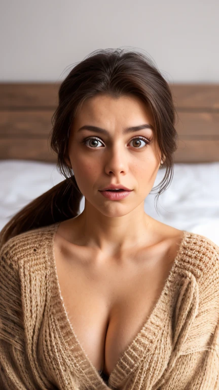 Portrait of an shocked middle-aged Russian woman, 18 years old, cute face, Slim, Tortitz, (big sagging:1.1), huge nipples, wear (Sexy sweater:1.2),, Bokeh background, Simple background, (highly refined skin:1.0), (masterpiece:1.2) (lifelike:1.2) (Bokeh) (best quality) (intricate details) (8K) (high dynamic range) (analog film) (canon d5) (movie lighting) (sharp focus),tie a ponytail，cleavage, Lying in bed