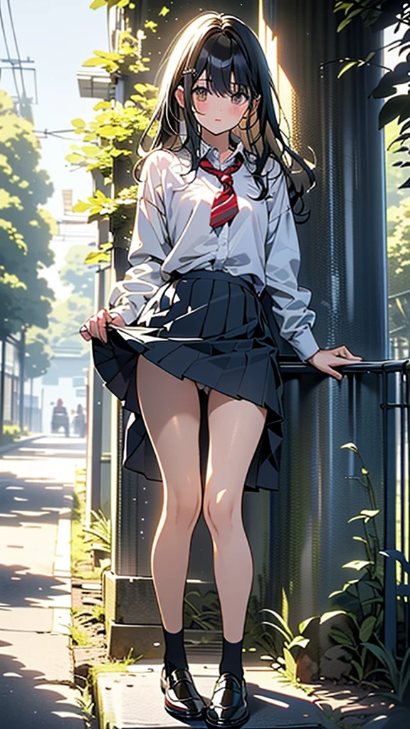 (8K, RAW Photos, 最high quality, masterpiece:1.2), high qualityのRAWカラー写真, Professional photo shoot, Cinematic Light, night、Late night、alone, (((young woman, Gal))), (Sharp features), (Small face), (Skin with attention to detail:1.2), clavicle, Cute face, Beautiful appearance, Long eyelashes,Girl Turning Around,, (Black Hair, Long straight line), high school student, cardigan, High School Uniform、, White shirt, mini skirt, night Park, Birds chirping, Embarrassing, sad, Artistic painting,Attractive thighs, loafers:1.2, (Very fine touch:1.2), (Watery eye), sad雰囲気, Oil painting style, Dark colors, (Are standing:1.5, lean on a tree, Full body portrait), Smooth texture, Gazing Eyes, Beautiful Skin, Shiny skin, ((Perfect Fingers, Five Fingers, Anatomically correct)), Background Blur, high quality, Surreal, ((Very detailed, photo shoot)),(Cover your face with your right hand、Left hand grabs skirt),,(((Skirt flip、Sexy panties)))、blush、Embarrassing、They hesitate、Look down、avert your eyes、Full Body Shot、((Hide your face))、Embarrassed、Thick legs、、glamorous、Skirt Lift、Have a skirt、Bend your knees and squat