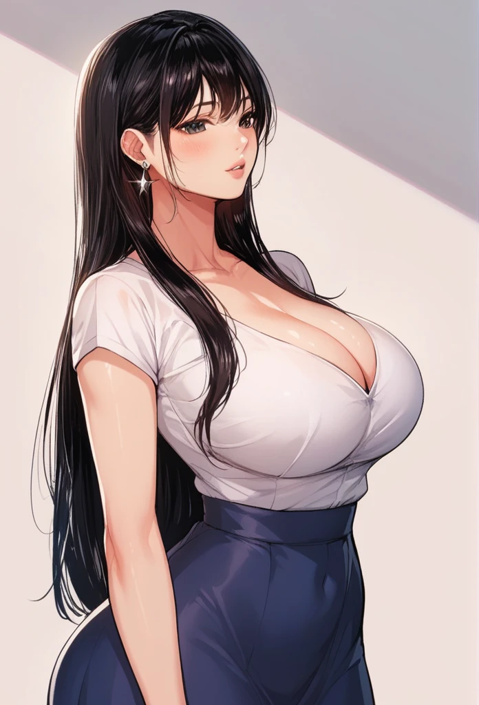  nari, black eyes, black hair, long hair, big breasts, school dress, earrings 