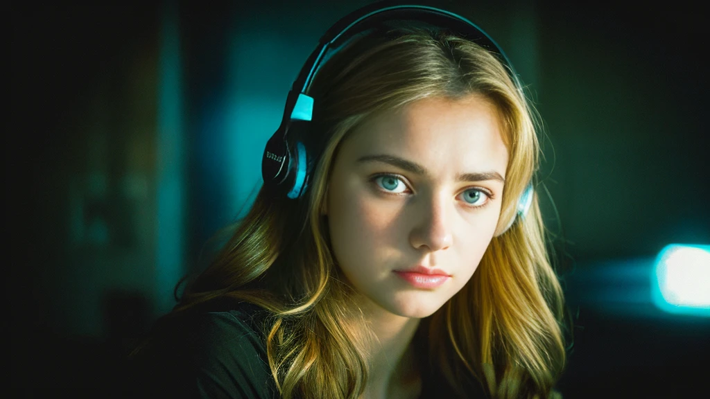 Beautiful blonde with big breasts in a black T-shirt (Sitting in tears in the dark ruins),Wearing headphones,Very detailed, 21 years old, Innocent face, Naturally Wavy Hair, blue eyes, High resolution, masterpiece, Highest quality, Intricate details, Very detailed, Clear focus, Delicate skin, practical skin texture, texture, Delicate eyes, Professional, 4K, Sad crying face, Shot with Canon, 85mm, Shallow and deep, Kodak Vision Color, Exactly, Very detailed, photograph_\(Extremist\), photographpractical, practical, Post-processing, Maximum details, Roughness, Real Life, Extremist practical, Photorealism, photographgraphy, 8K Ultra HD, photographgraphy