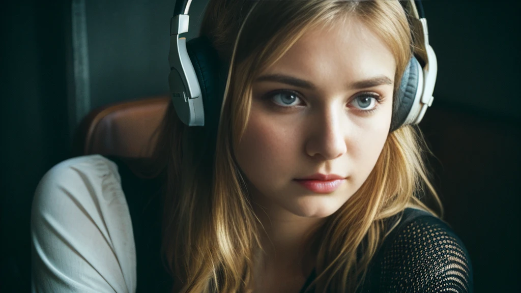 Beautiful blonde with big breasts in a black T-shirt (Sitting in tears in the dark ruins),Wearing headphones,Very detailed, 21 years old, Innocent face, Naturally Wavy Hair, blue eyes, High resolution, masterpiece, Highest quality, Intricate details, Very detailed, Clear focus, Delicate skin, practical skin texture, texture, Delicate eyes, Professional, 4K, Sad crying face, Shot with Canon, 85mm, Shallow and deep, Kodak Vision Color, Exactly, Very detailed, photograph_\(Extremist\), photographpractical, practical, Post-processing, Maximum details, Roughness, Real Life, Extremist practical, Photorealism, photographgraphy, 8K Ultra HD, photographgraphy