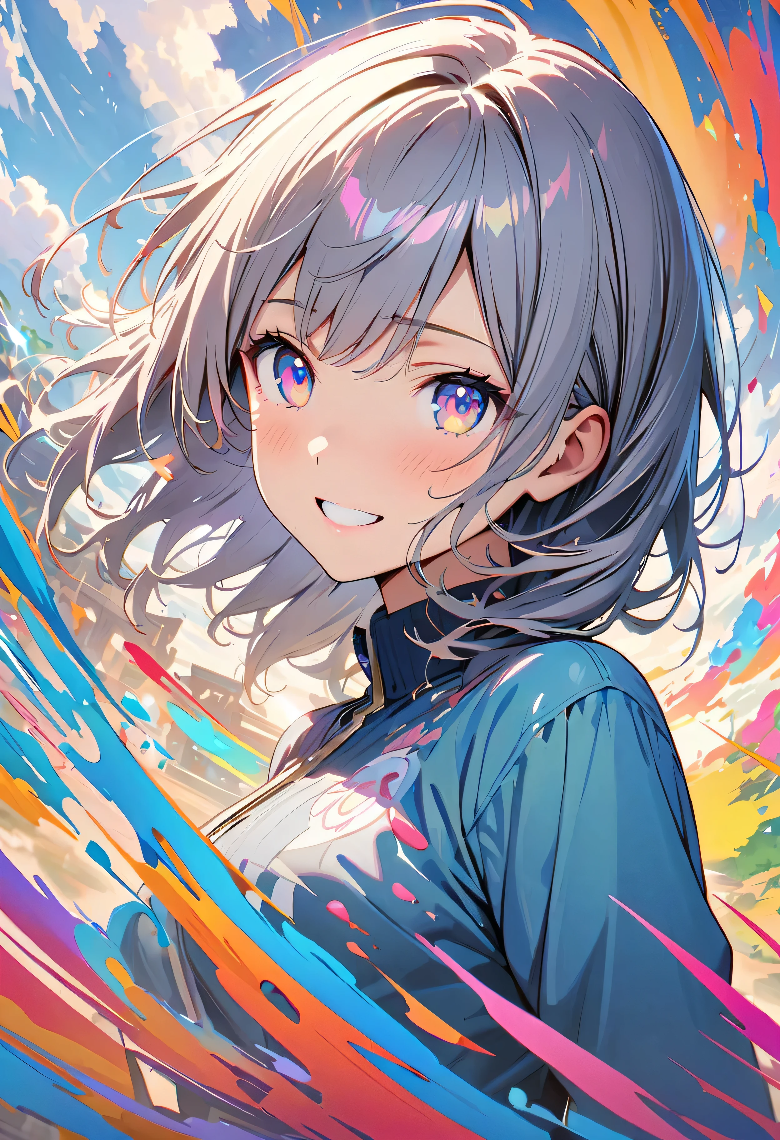 (masterpiece, Highest quality, Official Art:1.2), (colorful), Looking at the audience, One Girl, alone, White Background, floating colorful water, Ultra-fine illustrations, highly detailed, Dynamic Angle, beautiful detailed, 8K, break smiling amidst the colorful scenes, (Highest quality, masterpiece, High resolution, detailed), Anime Style, (Shining Eyes, detailed美しい顔), break,Dynamic Angle