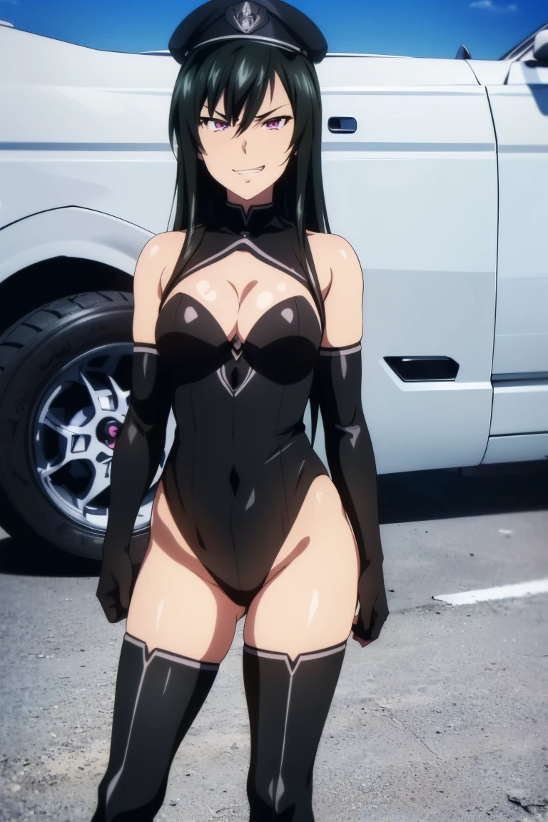 teenage girl, 16 years old, (((grinning lasciviously))),  anime girl, (((nefarious smirk))), [[[[grinning evily]]]], beautiful, masterpiece, ultra detailed, extremely detailed, ultra high res, 8k, beautiful detailed face, anime screencap, heart shaped face woman, (black hair:1.2), long hair, hair between eyes, large breasts, fearless face, sharp face, slant eyes, cat eyes, 170cm tall, adult, perfect proportion, (((black high-leg leotard))), (((dare shoulder))), cleavage, (((thigh boots))), choker, (((military cap))), anime style, ultra detailed beautiful face and eyes, front view, raw phot, incredibly absurdres, Beautiful portrait of cute anime girls, super fine illustration, full-hd, hdr, best aesthetic, distinct, exquisite, masterwork, by famous artist, highers, (((perfect ))), mocking, ((( face))), (((evil grin))), intense eyes, sadistic, gleaming skin, oil skin, slut face, full-face blush, smirking, mischievous grin, furrowed mouth, both legs, pouty lips, downturned corners, rosy hue, grin widely, cheeky smirk, (((bad-tempered glare))), gloating, crazy smile, scary face, cruel smile, fang, connected teeth,, (((elbow gloves))), (((big connected teeth)), glare, grimace, smirk, (((scowling face))), smile broadly, symmetrical eyes, even eyes, perfect eyes, (((squinting eyes))), deep detailed eyes, shiny clothes, 1girl, solo, smug, smile grimly, (((dimpled smile))), pink eyes, (((upper body shot))), (((laugh))), (((pleasure face))), (((brutality face))), (((scary face))), (((empty eyes))), anime best girl, [[[[grinning evily]]]], anime moe artstyle, cowboy shot, 