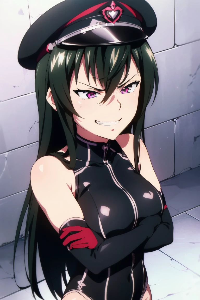 teenage girl, 16 years old, (((grinning lasciviously))), seductive anime girl, (((nefarious smirk))), [[[[grinning evily]]]], beautiful, masterpiece, ultra detailed, extremely detailed, ultra high res, 8k, beautiful detailed face, anime screencap, heart shaped face woman, (black hair:1.2), long hair, hair between eyes, large breasts, fearless face, sharp face, slant eyes, cat eyes, 170cm tall, adult, perfect proportion, (((black high-leg leotard))), (((dare shoulder))), cleavage, (((thigh boots))), choker, (((military cap))), anime style, ultra detailed beautiful face and eyes, front view, raw phot, incredibly absurdres, Beautiful portrait of cute anime girls, super fine illustration, full-hd, hdr, best aesthetic, distinct, exquisite, masterwork, by famous artist, highers, (((perfect anatomy))), mocking, (((rape face))), (((evil grin))), intense eyes, sadistic, gleaming skin, oil skin, slut face, full-face blush, smirking, mischievous grin, furrowed mouth, both legs, pouty lips, downturned corners, rosy hue, grin widely, cheeky smirk, (((bad-tempered glare))), gloating, crazy smile, scary face, cruel smile, fang, connected teeth,, (((elbow gloves))), (((big connected teeth)), glare, grimace, smirk, (((scowling face))), smile broadly, symmetrical eyes, even eyes, perfect eyes, (((squinting eyes))), deep detailed eyes, shiny clothes, 1girl, solo, smug, smile grimly, (((dimpled smile))), pink eyes, (((upper body shot))), (((laugh))), (((pleasure face))), (((brutality face))), (((scary face))), (((empty eyes))), anime best girl, [[[[grinning evily]]]], anime moe artstyle, cowboy shot, 