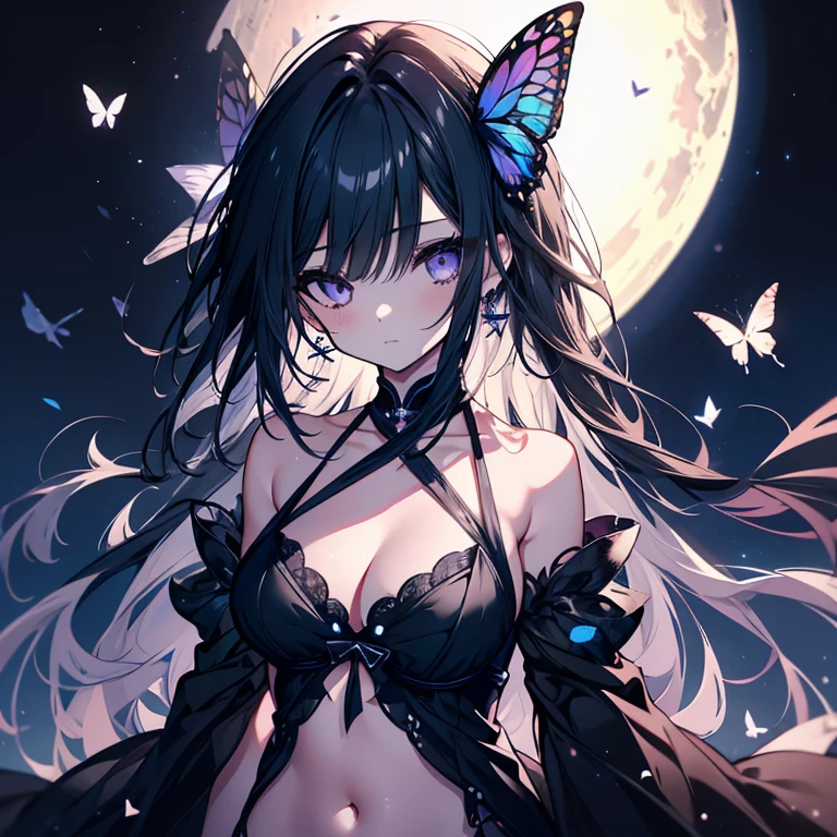 1 girl、Mature、Ample breasts、Long Hair、Sharp Eyes、Shoulder Bare、Belly button、Black Dress、Butterflies fluttering、Night view、prism、Like a jewel、High resolution、Highest quality