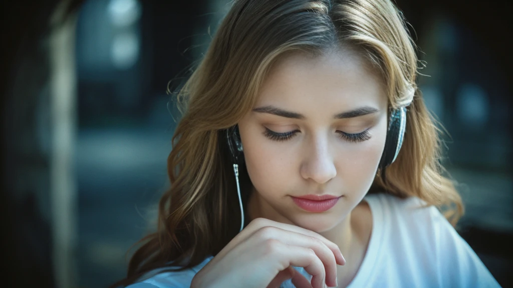 Beautiful blonde with big breasts in a black T-shirt (I sit in the dark ruins with my eyes closed and tears streaming down my face),Wearing headphones,Very detailed, 21 years old, Innocent face, Naturally Wavy Hair, blue eyes, High resolution, masterpiece, Highest quality, Intricate details, Very detailed, Clear focus, Delicate skin, practical skin texture, texture, Delicate eyes, Professional, 4K, Sad crying face, Shot with Canon, 85mm, Shallow and deep,  Kodak Vision Color, Exactly, Very detailed, photograph_\(Extremist\), photographpractical, practical, Post-processing, Maximum details, Roughness, Real Life, Extremist practical, Photorealism, photographgraphy, 8K Ultra HD, photographgraphy