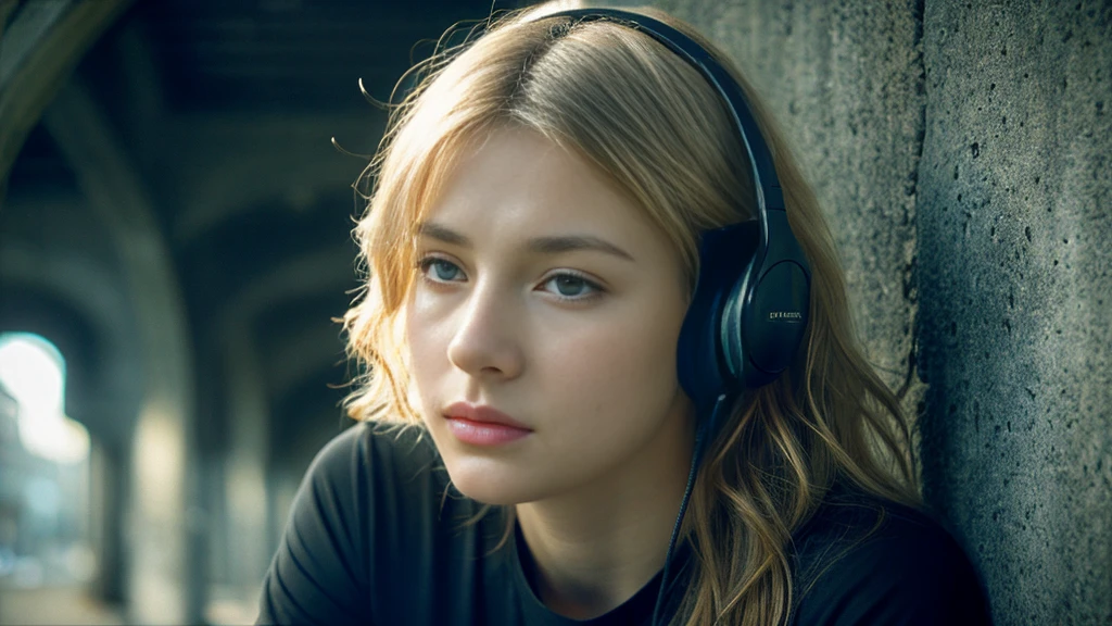 Beautiful blonde with  in a black T-shirt (I sit in the dark ruins with my eyes closed and tears streaming down my face),Wearing headphones,Very detailed, 21 years old, Innocent face, Naturally Wavy Hair, blue eyes, High resolution, masterpiece, Highest quality, Intricate details, Very detailed, Clear focus, Delicate skin, practical skin texture, texture, Delicate eyes, Professional, 4K, Sad crying face, Shot with Canon, 85mm, Shallow and deep,  Kodak Vision Color, Exactly, Very detailed, photograph_\(Extremist\), photographpractical, practical, Post-processing, Maximum details, Roughness, Real Life, Extremist practical, Photorealism, photographgraphy, 8K Ultra HD, photographgraphy