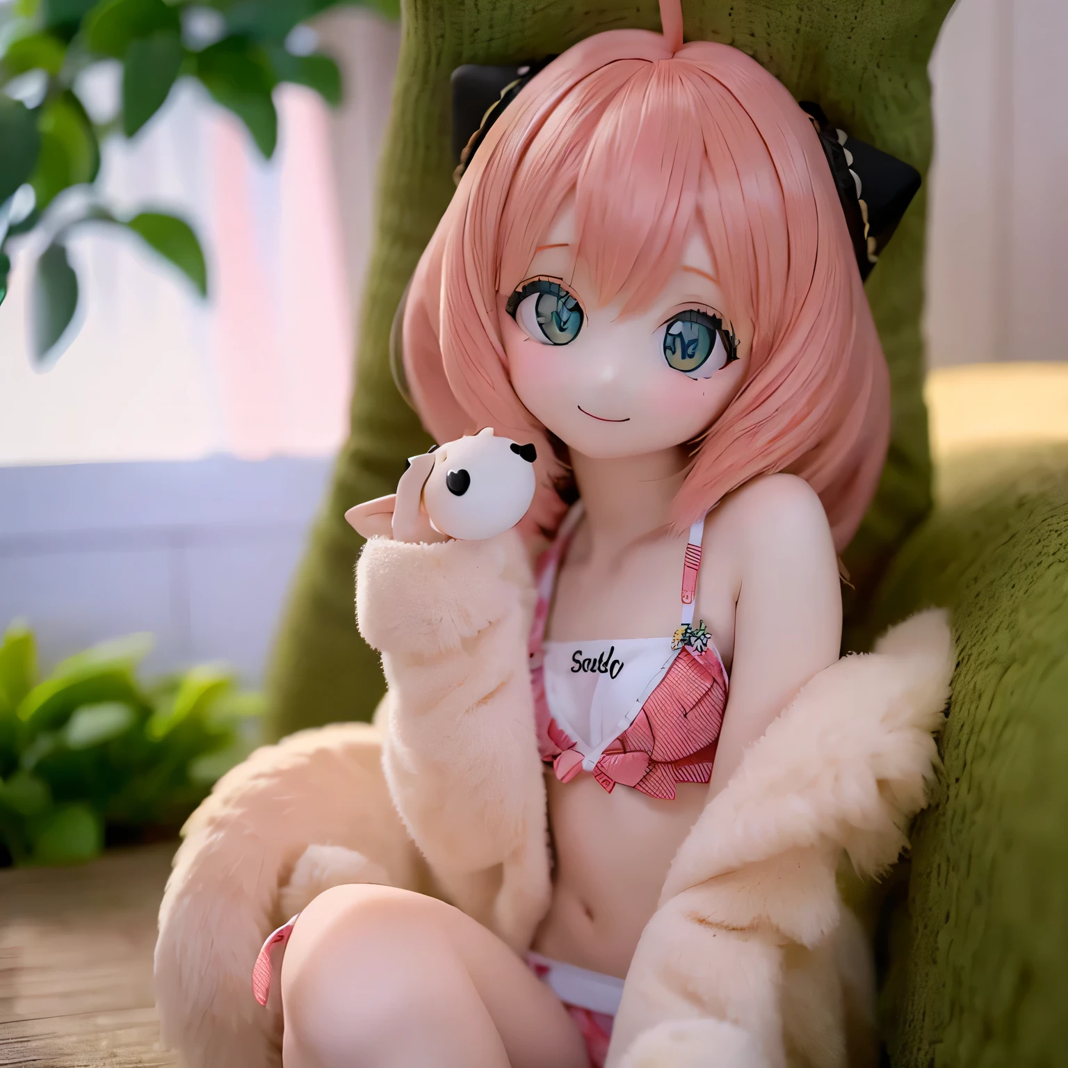 (Highest quality,4K,High resolution,masterpiece:1.2),Very detailed,Realistic,Beautiful details,Beautiful lip detail,Long eyelashes,Pink Hair,short hair,smile,5 year old girl, (((bikini))),Cute expression,Hilarious,Playful,girly,Bokeh,Soft lighting,stand、feet