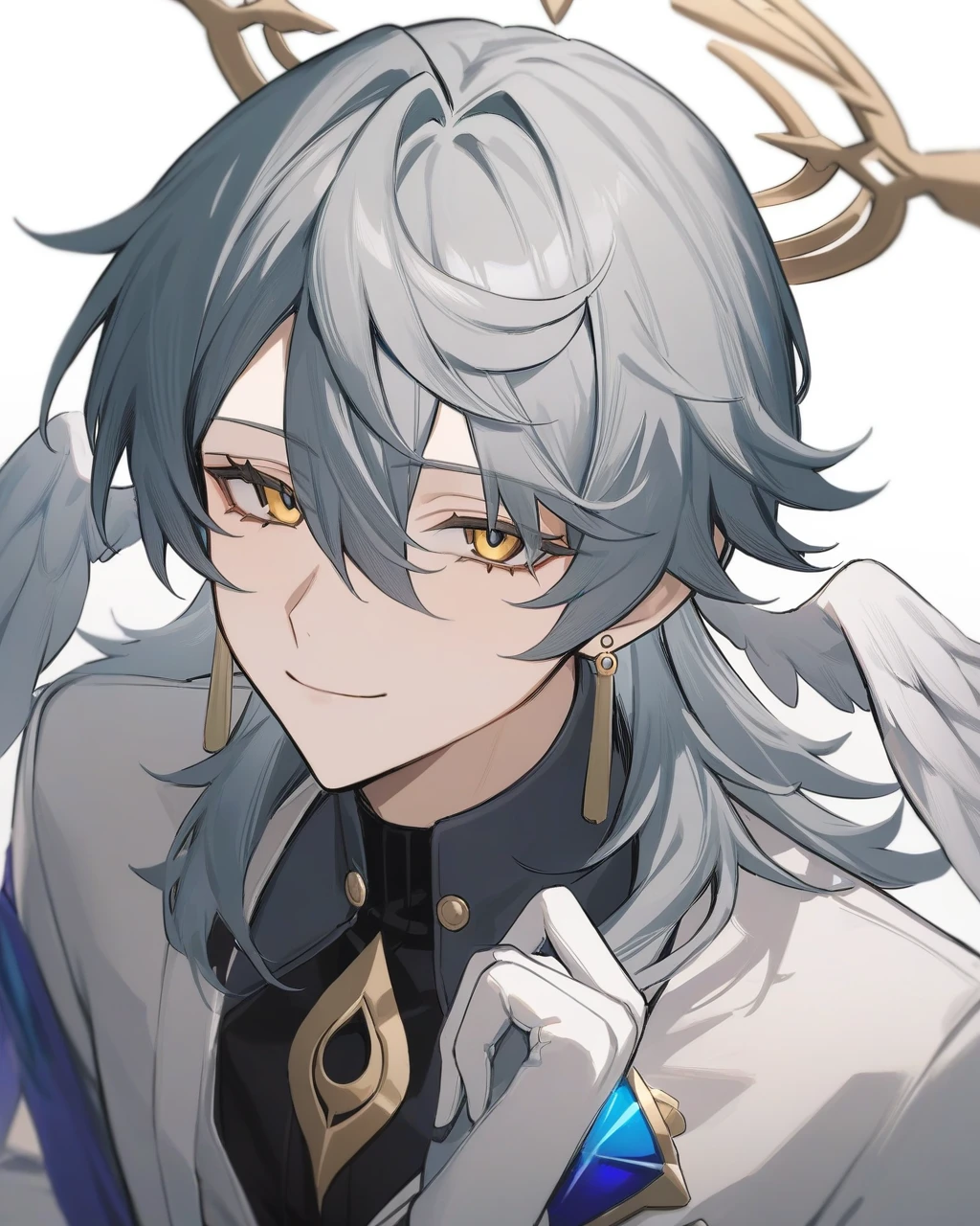 masterpiece,best quality,sunday_(honkai:_star_rail), black_shirt, sidelocks, white_wings, smile, looking_at_viewer, gloves, closed_mouth, solo, hand_up, shirt, head_wings, long_sleeves, jewelry, white_gloves, jacket, eyelashes, simple_background, halo, wings, white_background, feathered_wings, 1boy, upper_body, male_focus, earrings