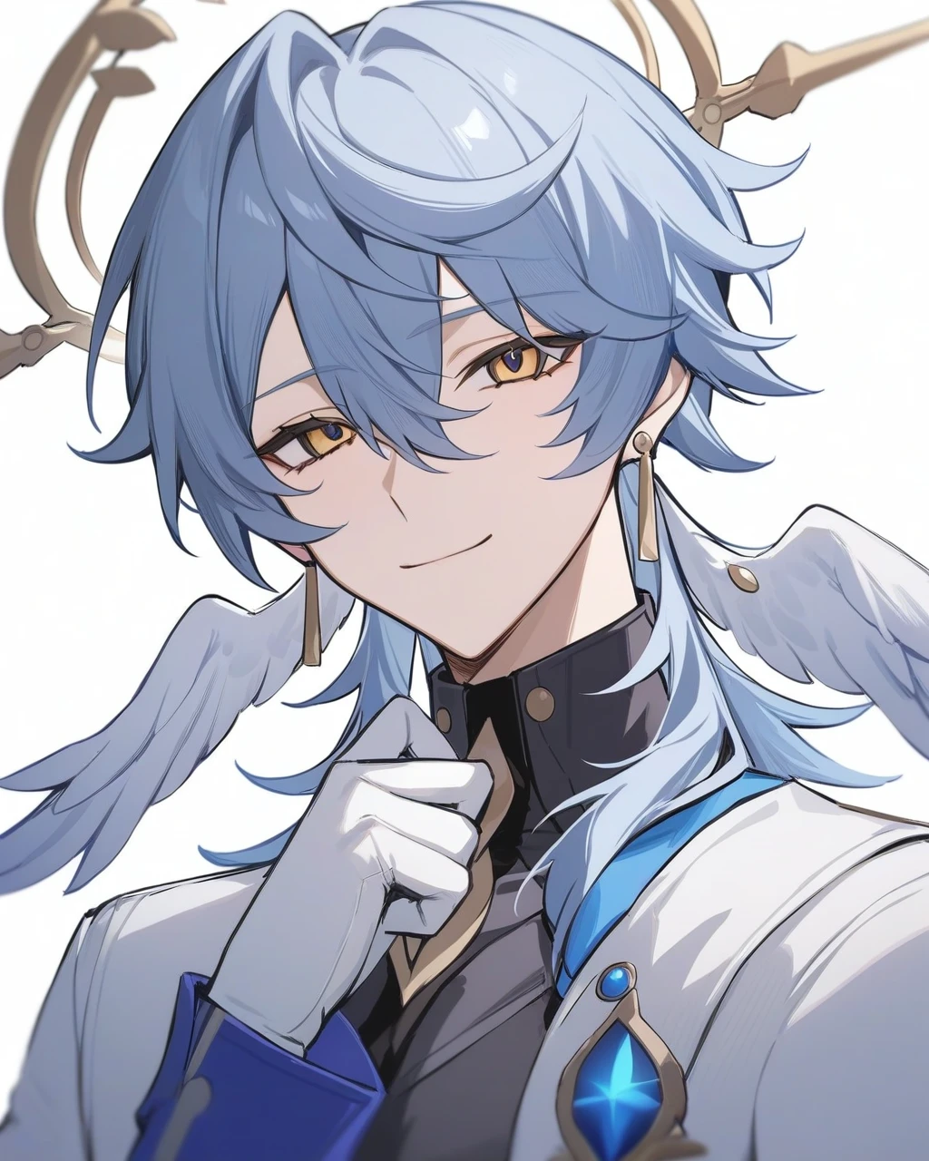 masterpiece,best quality,sunday_(honkai:_star_rail), black_shirt, sidelocks, white_wings, smile, looking_at_viewer, gloves, closed_mouth, solo, hand_up, shirt, head_wings, long_sleeves, jewelry, white_gloves, jacket, eyelashes, simple_background, halo, wings, white_background, feathered_wings, 1boy, upper_body, male_focus, earrings