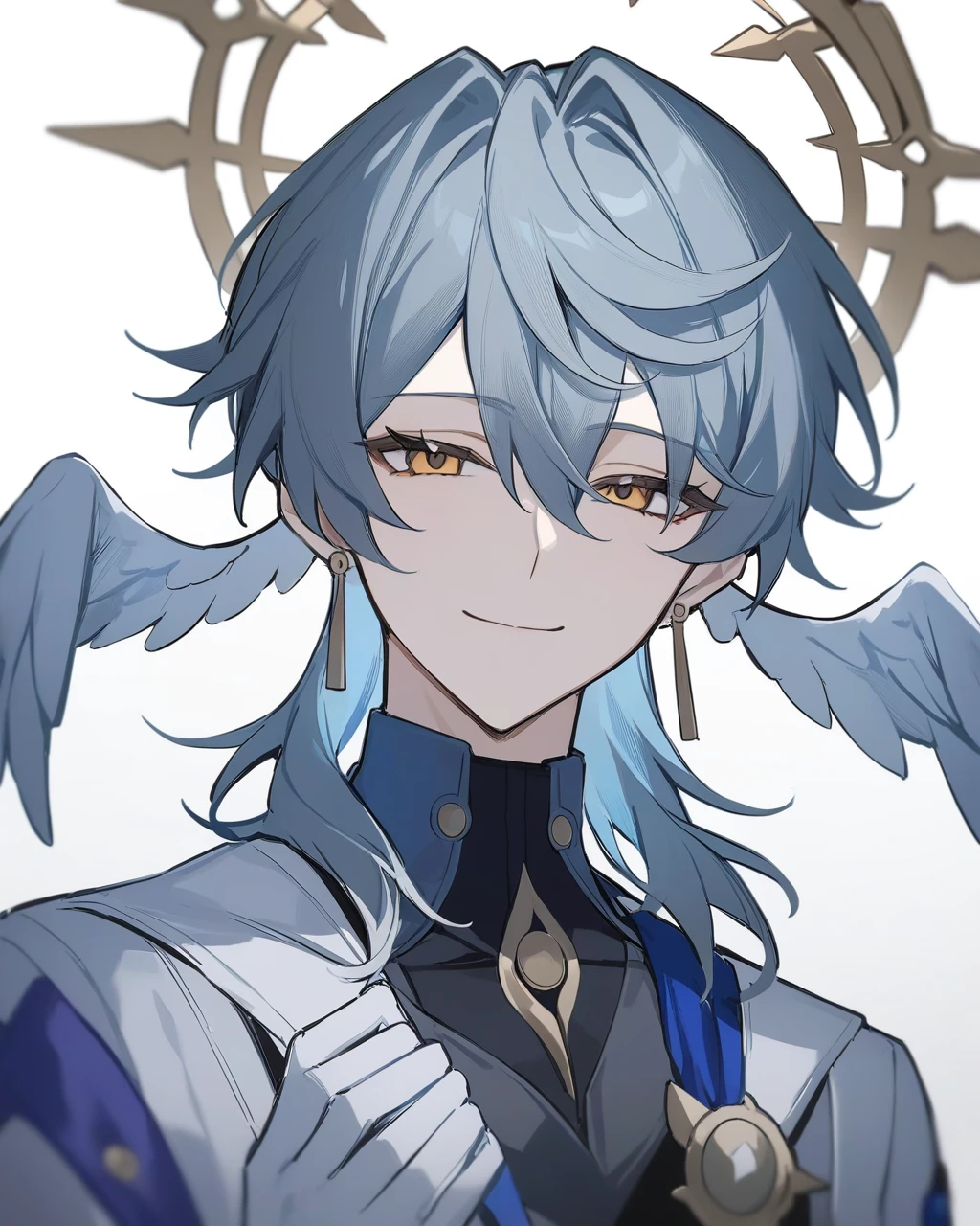 masterpiece,best quality,sunday_(honkai:_star_rail), black_shirt, sidelocks, white_wings, smile, looking_at_viewer, gloves, closed_mouth, solo, hand_up, shirt, head_wings, long_sleeves, jewelry, white_gloves, jacket, eyelashes, simple_background, halo, wings, white_background, feathered_wings, 1boy, upper_body, male_focus, earrings