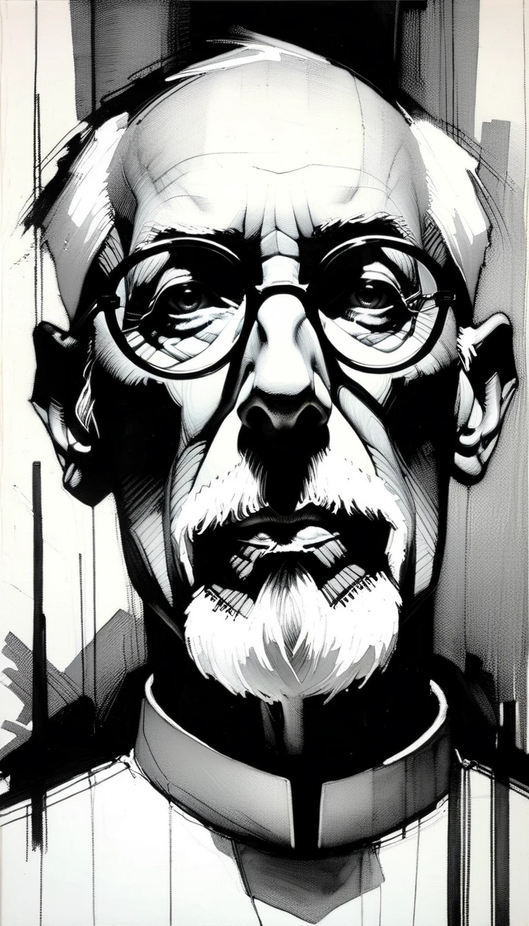 black and white draw of a priest in his 60s with white short hair and a goatee, thin glasses black and white image( art inspired by Bill Sienkiewicz, oil painting)
