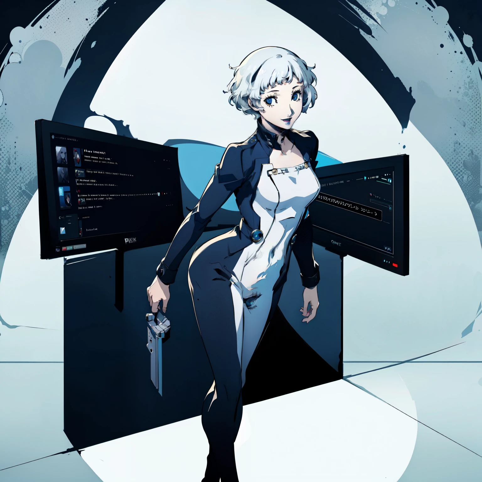 masterpiece, ((best quality)),((1 girl)), blue eyes, black lipstick, white hair, female , tomboy Pixie haircut, deep blue suit, white hair, white hair,smiling,hacker,in the,dark room,standing,looking monitor,sexy,full body,