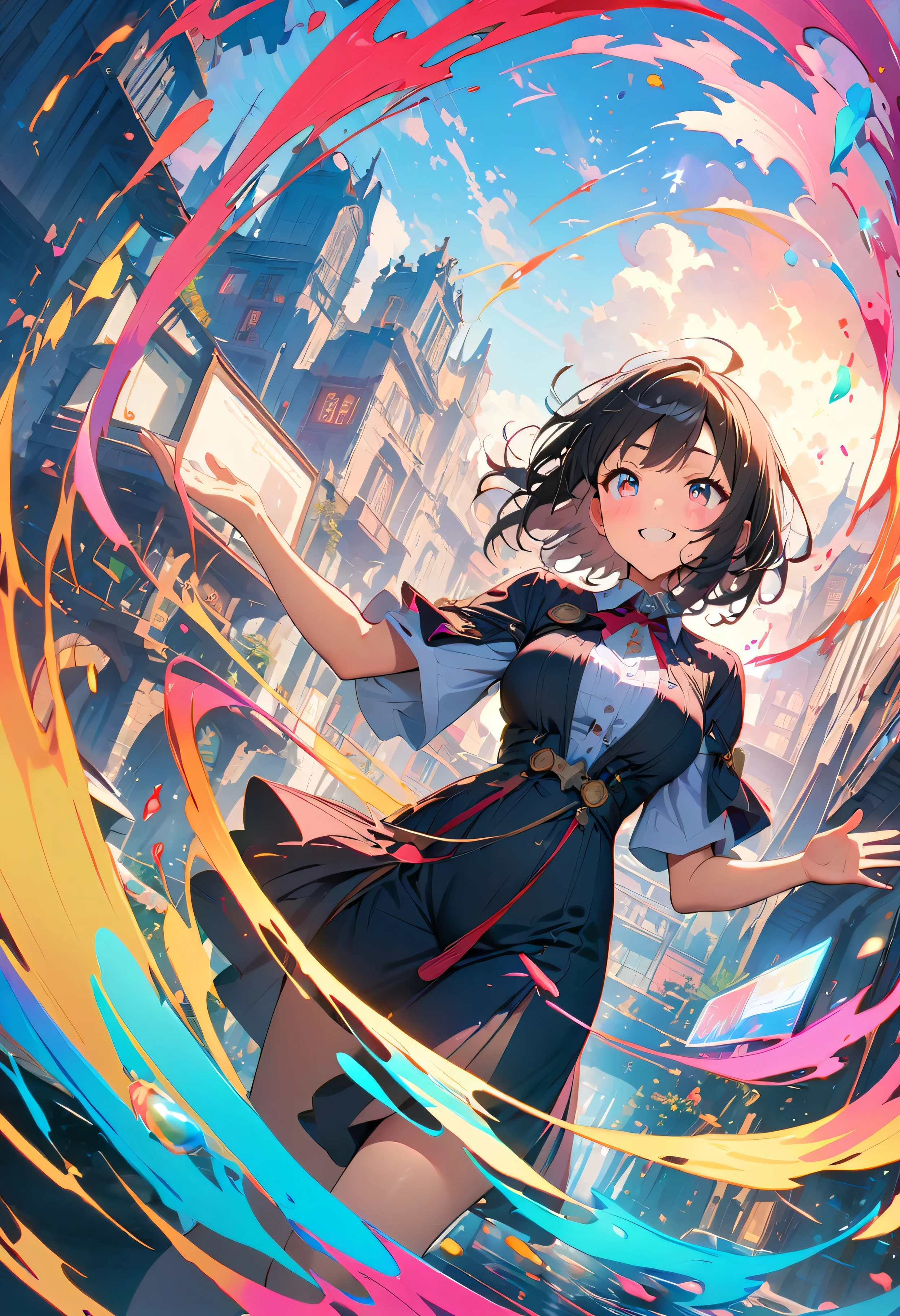 (masterpiece, Highest quality, Official Art:1.2), (colorful), Looking at the audience, One Girl, alone, White Background, floating colorful water, Ultra-fine illustrations, highly detailed, Dynamic Angle, beautiful detailed, 8K, break smiling amidst the colorful scenes, (Highest quality, masterpiece, High resolution, detailed), Anime Style, (Shining Eyes, detailed美しい顔), break,Dynamic Angle