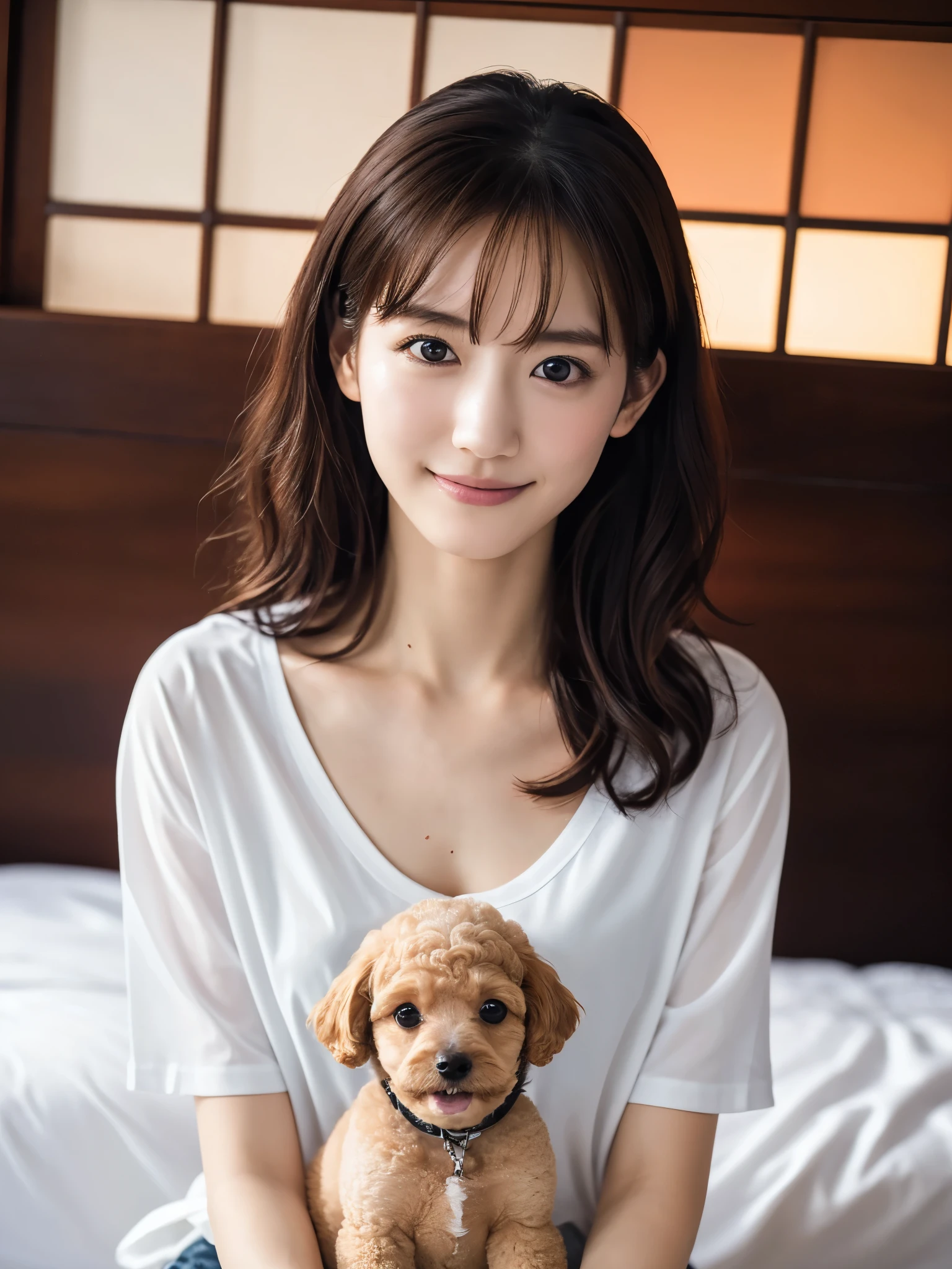 Beautiful girl playing with a puppy, , (Highest quality:1.4), (Very detailed), (Very detailed美しい顔), sit, avert your eyes, smile, White T-shirt, Great face and eyes, iris, Medium Hair, Japanese Beauty, (Skinny body type:1.1), (Flat Chest:1.3), (toy poodle:1.3),Smooth, Very detailed CG 統合 8k 壁紙, High-resolution RAW color photos, Professional photography, Light, BackLight, dream-like, impressive, Written boundary depth, bedroom, (Shooting from below:1.2)