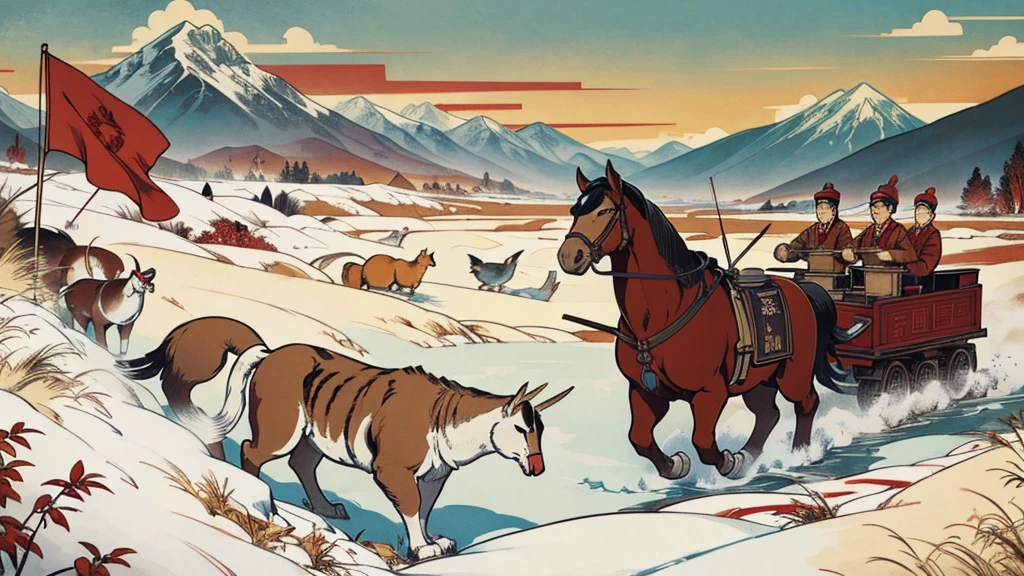 A poster about the Long March，Elements to be included in the screen，Warm colors，有red flag元素，Rich graphics，red、gold、Fighters of the Red Army、Snow Mountain、grassland、river、red flag、Red stars、Pigeon Collage、illustration、Paper Cutting