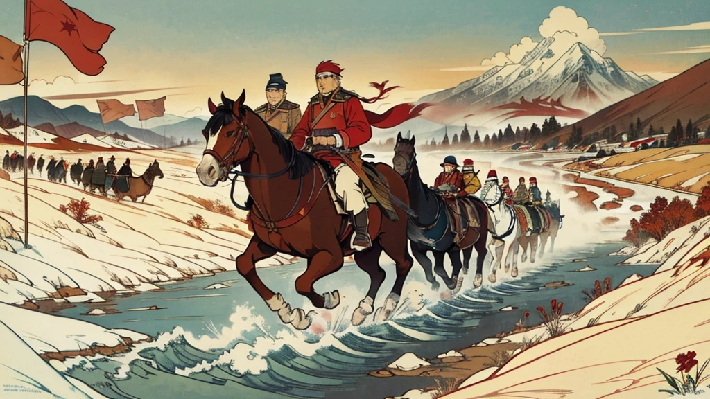 A poster about the Long March,Elements to be included in the screen,Warm colors,有red flag元素,Rich graphics,red、gold、Fighters of the Red Army、Snow Mountain、grassland、river、red flag、Red stars、Pigeon Collage、illustration、Paper Cutting