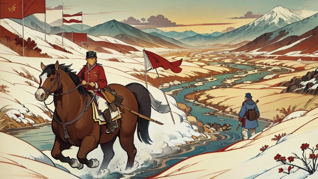 A poster about the Long March，Elements to be included in the screen，Warm colors，有red flag元素，Rich graphics，red、gold、Fighters of the Red Army、Snow Mountain、grassland、river、red flag、Red stars、Pigeon Collage、illustration、Paper Cutting