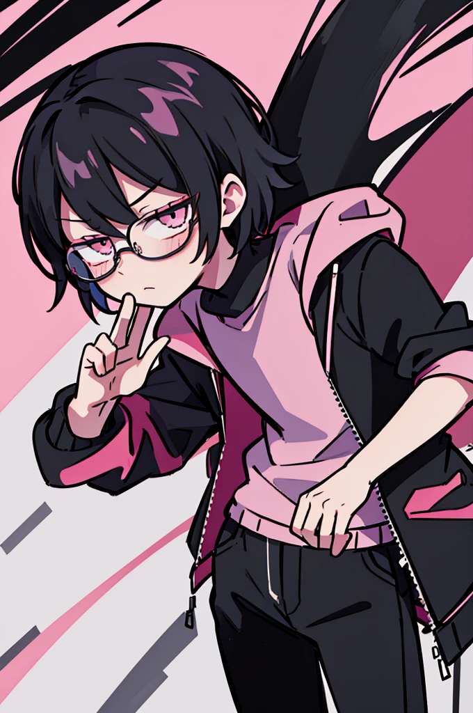 black pants, Sharp image, man, Black hair with pink ends, wearing a pink jacket. , has a dull, bored face, wears round glasses, has short, neat hair,