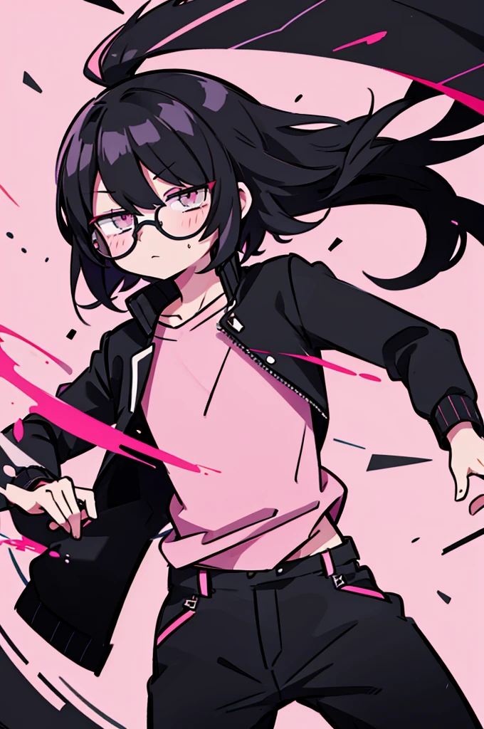 black pants, Sharp image, man, Black hair with pink ends, wearing a pink jacket. , has a dull, bored face, wears round glasses, has short, neat hair,