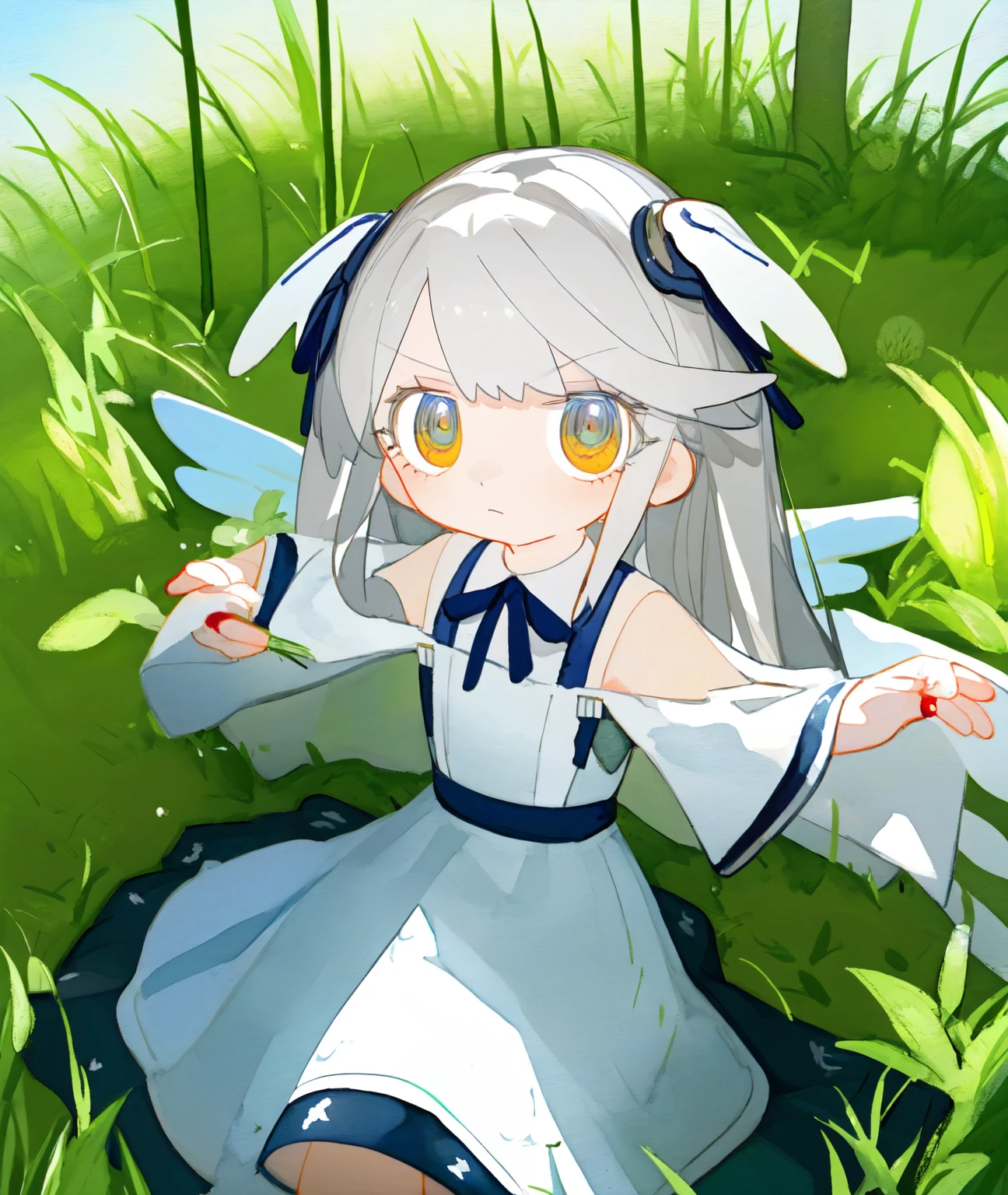 LVZI,One girl, Angel, Angel wing, blue eyes, dress, Expressionless, fish, Grass, Hello, Long Hair, View your viewers, Painting \(Moderate\), alone, Surreal, tall Grass, Traditional Media, water, watercolor \(Moderate\), white dress, Gray Hair, wing,, Highest quality,Great quality,so beautiful,Absurd,