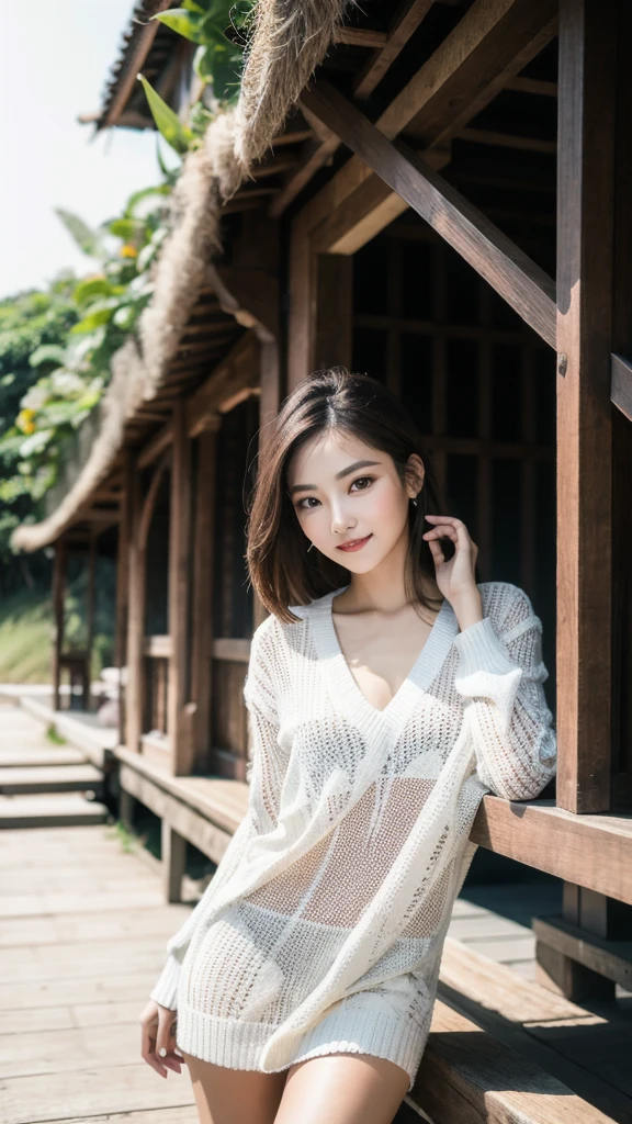 Highest quality, shape, Very detailed, finely, High resolution, 8k wallpaper, Perfect dynamic composition, Beautiful and detailed, Straight hair, Small breasts, Natural color lip, Random sexy poses,The best smile,32 year old adult beauty、Daytime、Beautiful and elaborate face、Perfect and beautiful face,Big eyes、RAW Photos、Expressing feminine poses with the whole body、Beautiful and detailed、Small face、Beautiful Duplex、Slim face and figure,Bright expression,Shooting with a focus on beautiful legs,White summer knitwear、Surf Casual、Summer clothes、Indonesia、bali、coastal、Beach