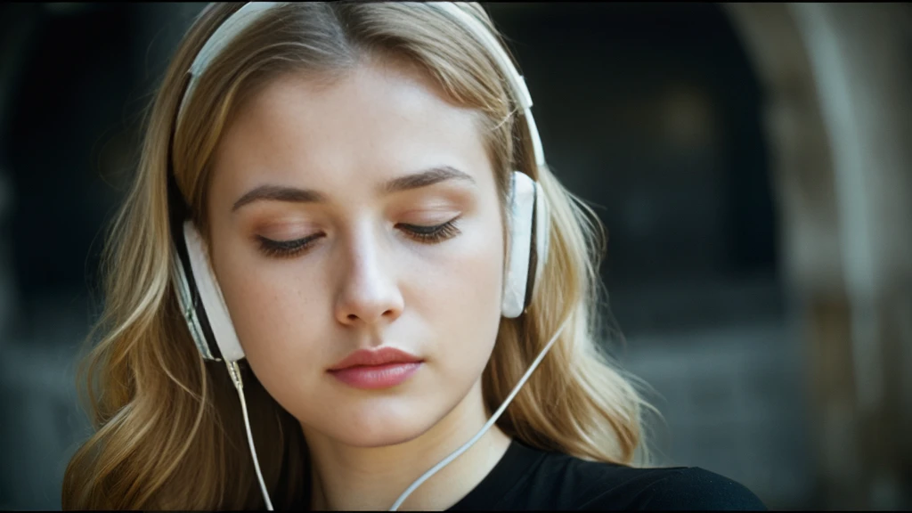 Beautiful blonde with big breasts in a black T-shirt (I sit in the dark ruins with my eyes closed and tears streaming down my face),Wearing headphones,Very detailed, 21 years old, Innocent face, Naturally Wavy Hair, blue eyes, High resolution, masterpiece, Highest quality, Intricate details, Very detailed, Clear focus, Delicate skin, practical skin texture, texture, Delicate eyes, Professional, 4K, Sad crying face, Shot with Canon, 85mm, Shallow and deep, Kodak Vision Color, Exactly, Very detailed, photograph_\(Extremist\), photographpractical, practical, Post-processing, Maximum details, Roughness, Real Life, Extremist practical, Photorealism, photographgraphy, 8K Ultra HD, photographgraphy