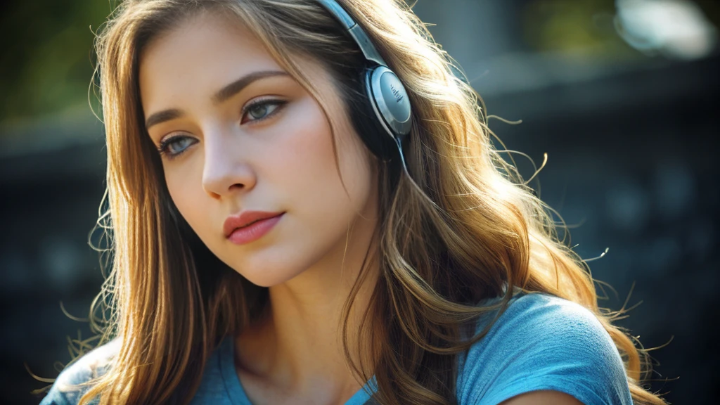 Beautiful blonde with big breasts in a black T-shirt (I sit in the dark ruins with my eyes closed and tears streaming down my face),Wearing headphones,Very detailed, 21 years old, Innocent face, Naturally Wavy Hair, blue eyes, High resolution, masterpiece, Highest quality, Intricate details, Very detailed, Clear focus, Delicate skin, practical skin texture, texture, Delicate eyes, Professional, 4K, Sad crying face, Shot with Canon, 85mm, Shallow and deep,  Kodak Vision Color, Exactly, Very detailed, photograph_\(Extremist\), photographpractical, practical, Post-processing, Maximum details, Roughness, Real Life, Extremist practical, Photorealism, photographgraphy, 8K Ultra HD, photographgraphy