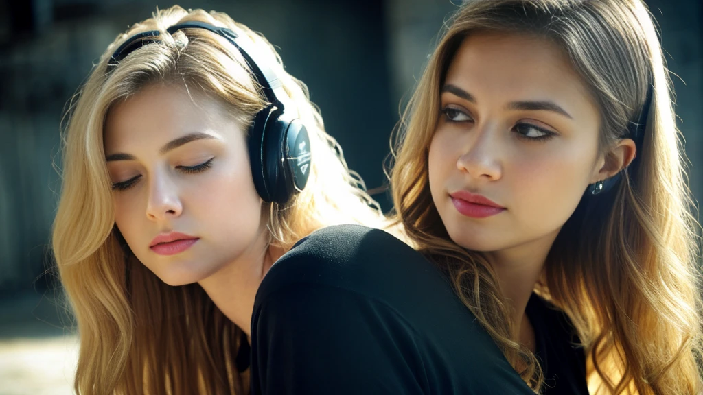 Beautiful blonde with big breasts in a black T-shirt (I sit in the dark ruins with my eyes closed and tears streaming down my face),Wearing headphones,Very detailed, 21 years old, Innocent face, Naturally Wavy Hair, blue eyes, High resolution, masterpiece, Highest quality, Intricate details, Very detailed, Clear focus, Delicate skin, practical skin texture, texture, Delicate eyes, Professional, 4K, Sad crying face, Shot with Canon, 85mm, Shallow and deep,  Kodak Vision Color, Exactly, Very detailed, photograph_\(Extremist\), photographpractical, practical, Post-processing, Maximum details, Roughness, Real Life, Extremist practical, Photorealism, photographgraphy, 8K Ultra HD, photographgraphy