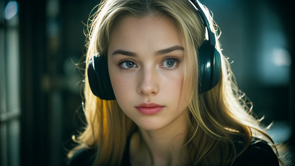 Beautiful blonde with big breasts in a black T-shirt (Sitting in tears in the dark ruins),Wearing headphones,Very detailed, 21 years old, Innocent face, Naturally Wavy Hair, blue eyes, High resolution, masterpiece, Highest quality, Intricate details, Very detailed, Clear focus, Delicate skin, practical skin texture, texture, Delicate eyes, Professional, 4K, Sad crying face, Shot with Canon, 85mm, Shallow and deep, Kodak Vision Color, Exactly, Very detailed, photograph_\(Extremist\), photographpractical, practical, Post-processing, Maximum details, Roughness, Real Life, Extremist practical, Photorealism, photographgraphy, 8K Ultra HD, photographgraphy
