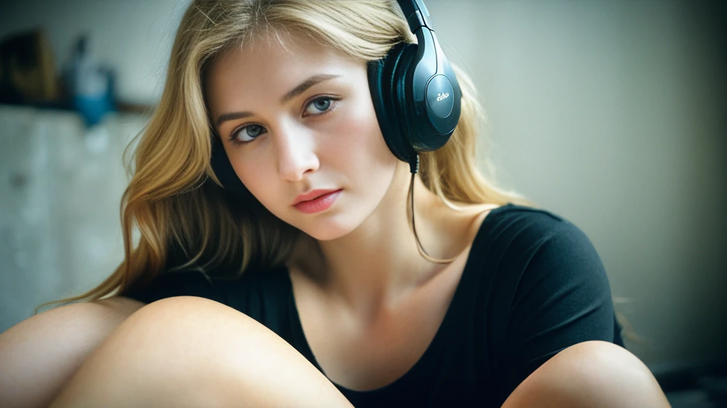 Beautiful blonde with big breasts in a black T-shirt (Sitting in tears in the dark ruins),Wearing headphones,Very detailed, 21 years old, Innocent face, Naturally Wavy Hair, blue eyes, High resolution, masterpiece, Highest quality, Intricate details, Very detailed, Clear focus, Delicate skin, practical skin texture, texture, Delicate eyes, Professional, 4K, Sad crying face, Shot with Canon, 85mm, Shallow and deep,  Kodak Vision Color, Exactly, Very detailed, photograph_\(Extremist\), photographpractical, practical, Post-processing, Maximum details, Roughness, Real Life, Extremist practical, Photorealism, photographgraphy, 8K Ultra HD, photographgraphy
