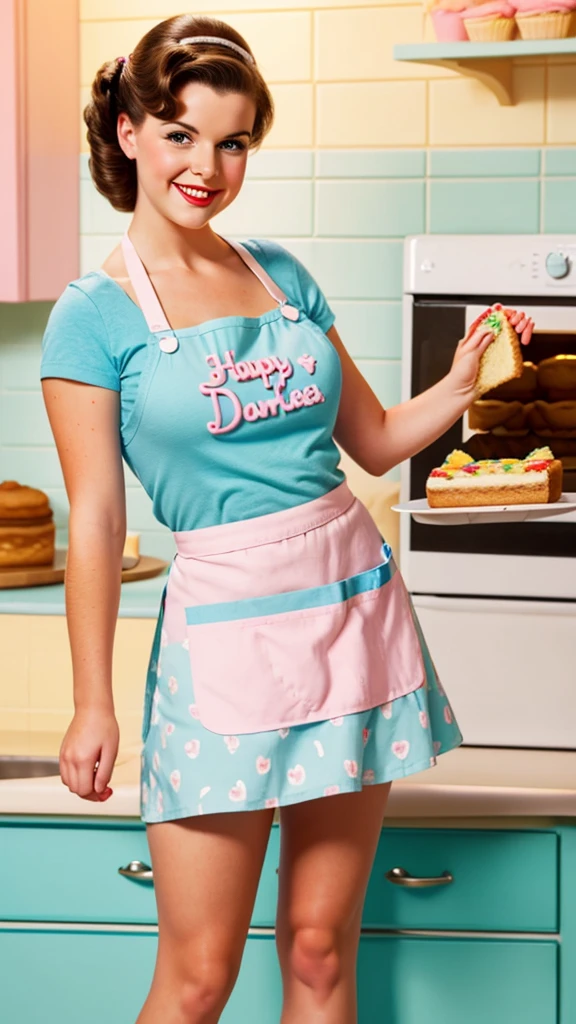 photo of a brunette pinup girl taking a cake out of the oven in an apron in pinup style beautiful smile beautiful bakery bright light colors pastel mini skirt posing in pinup style