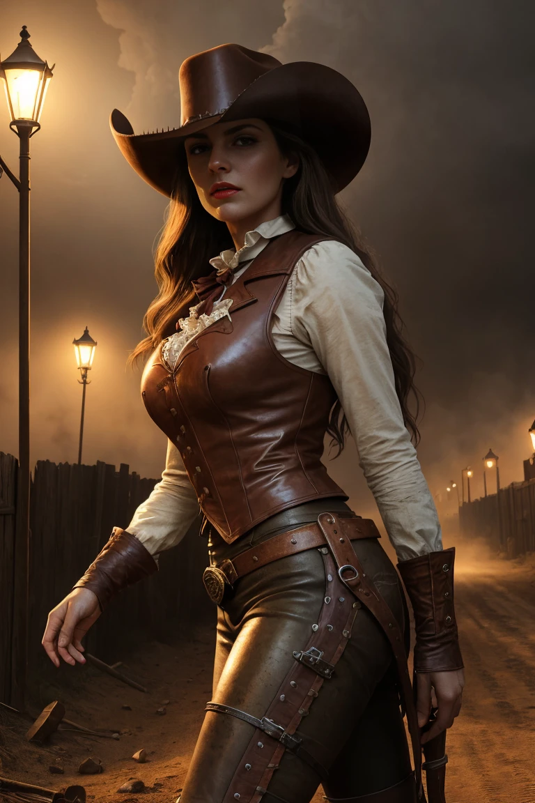 circa 1880s full body western cowboy woman, long brown straight hair, brown eyes, high arched eyebrows, long graceful neck, red lips, large breasts, tight brown leather pants, sleeveless brown leather vest, leather western boots, deserted uninhabited North American small town walking on a dusty sandy street with the wind blowing her hair, realistic, photorealistic, photorealistic, horror, dark and gloomy atmosphere with dramatic lighting, dull reddish colors, Foggy environment, detailed  expressions, Horrible fog