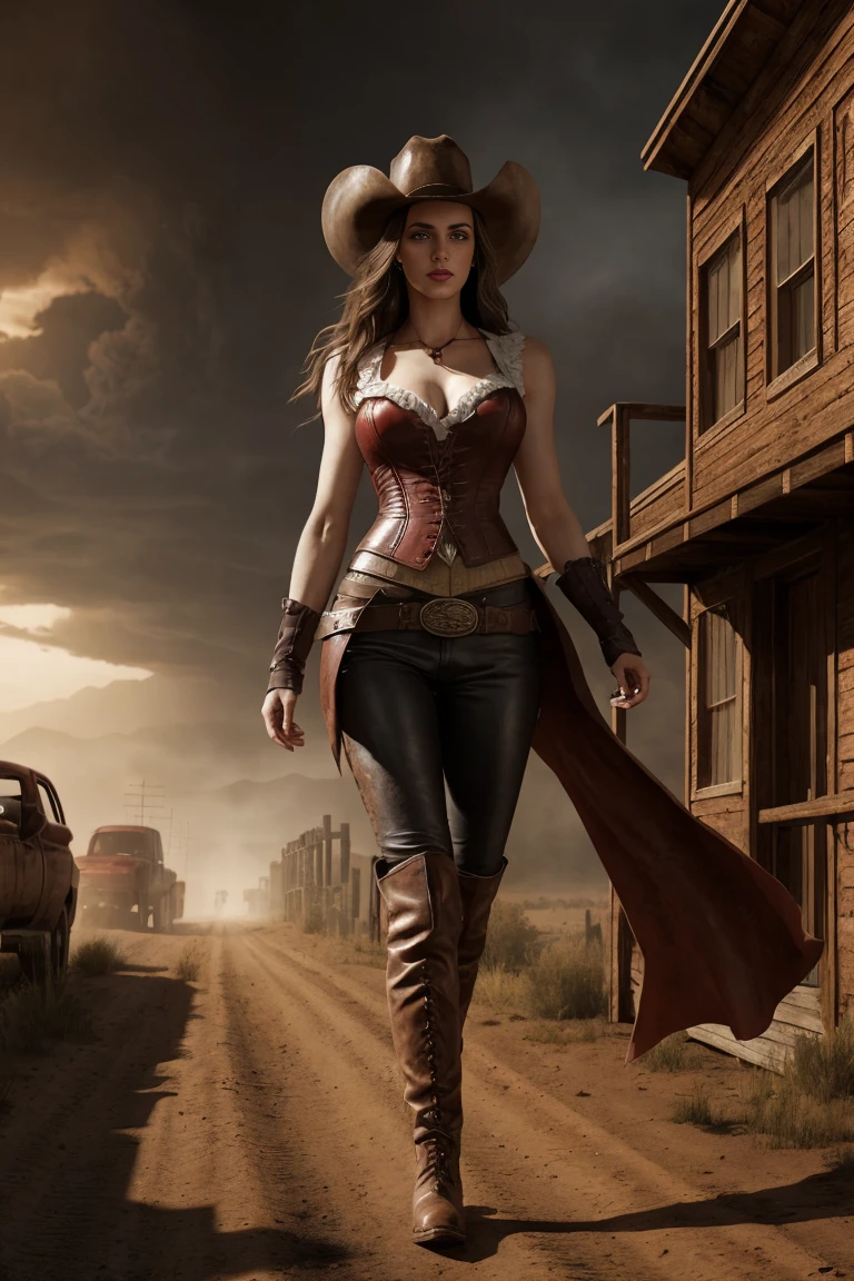circa 1880s full body western cowboy woman, long brown straight hair, brown eyes, high arched eyebrows, long graceful neck, red lips, large breasts, tight brown leather pants, sleeveless brown leather vest, leather western boots, deserted uninhabited North American small town walking on a dusty sandy street with the wind blowing her hair, realistic, photorealistic, photorealistic, horror, dark and gloomy atmosphere with dramatic lighting, dull reddish colors, Foggy environment, detailed facial expressions, Horrible fog