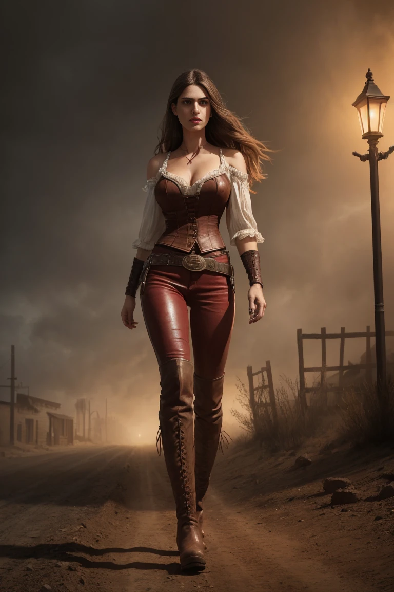 circa 1880s full body western cowboy woman, long brown straight hair, brown eyes, high arched eyebrows, long graceful neck, red lips, large breasts, tight brown leather pants, sleeveless brown leather vest, leather western boots, deserted uninhabited North American small town walking on a dusty sandy street with the wind blowing her hair, realistic, photorealistic, photorealistic, horror, dark and gloomy atmosphere with dramatic lighting, dull reddish colors, Foggy environment, detailed facial expressions, Horrible fog