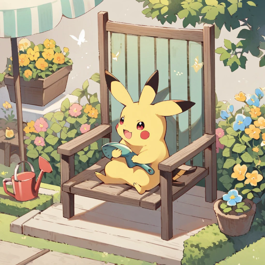 Draw a delightful illustration of Pikachu relaxing in a garden chair. Pikachu should be surrounded by blooming flowers and greenery, sitting comfortably with a smile. Include details like a watering can, garden tools, and butterflies flying around. The overall vibe should be fresh and lively.