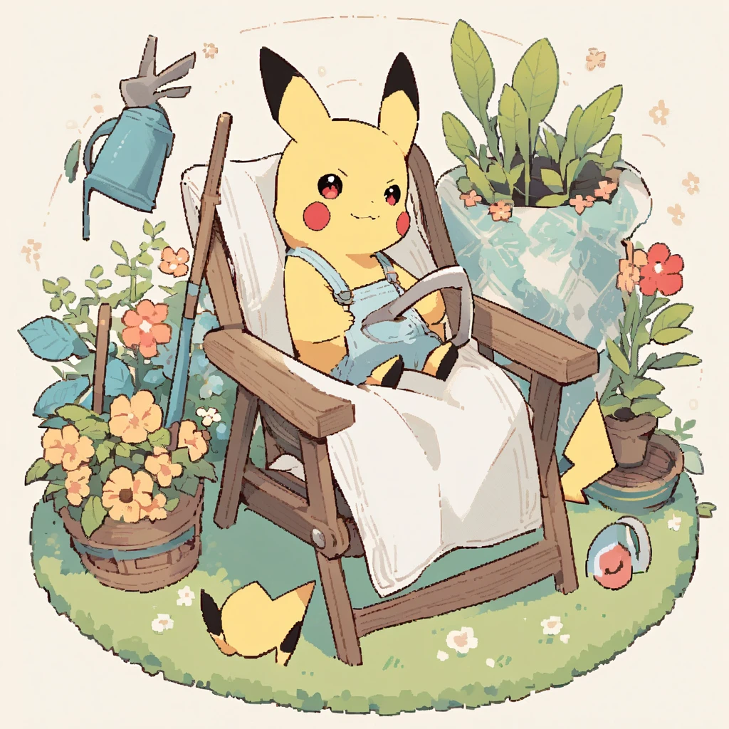 Draw a delightful illustration of Pikachu relaxing in a garden chair. Pikachu should be surrounded by blooming flowers and greenery, sitting comfortably with a smile. Include details like a watering can, garden tools, and butterflies flying around. The overall vibe should be fresh and lively.