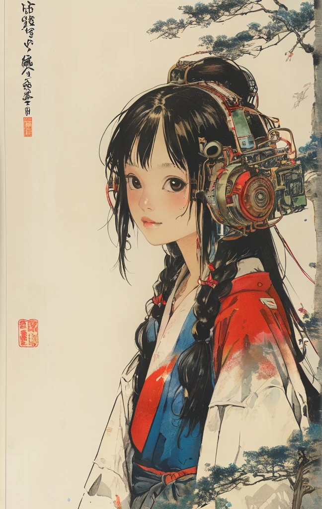masterpiece,best quality,illustration,style of Kawanabe Kyosai, tech genius age girl