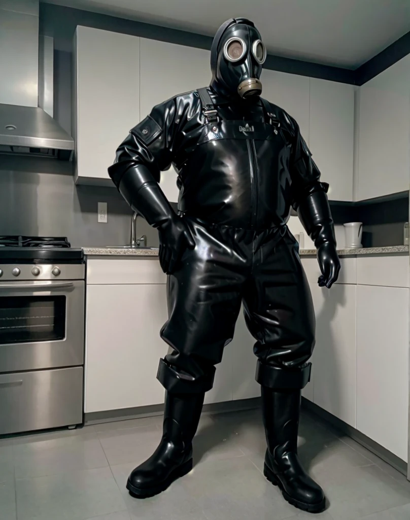 masterpiece, best quality, gp5, a fat man in a gas mask with hose and black rubber overalls, rubber boots, latex gloves BREAK standing in a kitchen
