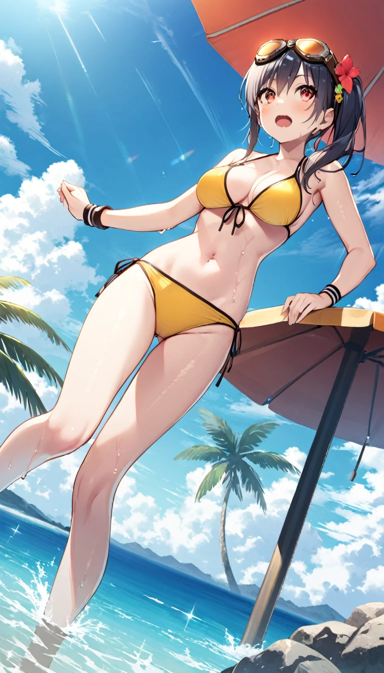1girl, solo, bikini, black hair, day, goggles, goggles on head, medium breasts, looking up, open mouth, outdoors, red eyes, see-through, sparkle, sunglasses, swimsuit, full body, yellow bikini, breasts, wristband, hair ornament, bare shoulders, sky, wet, navel, side ponytail
