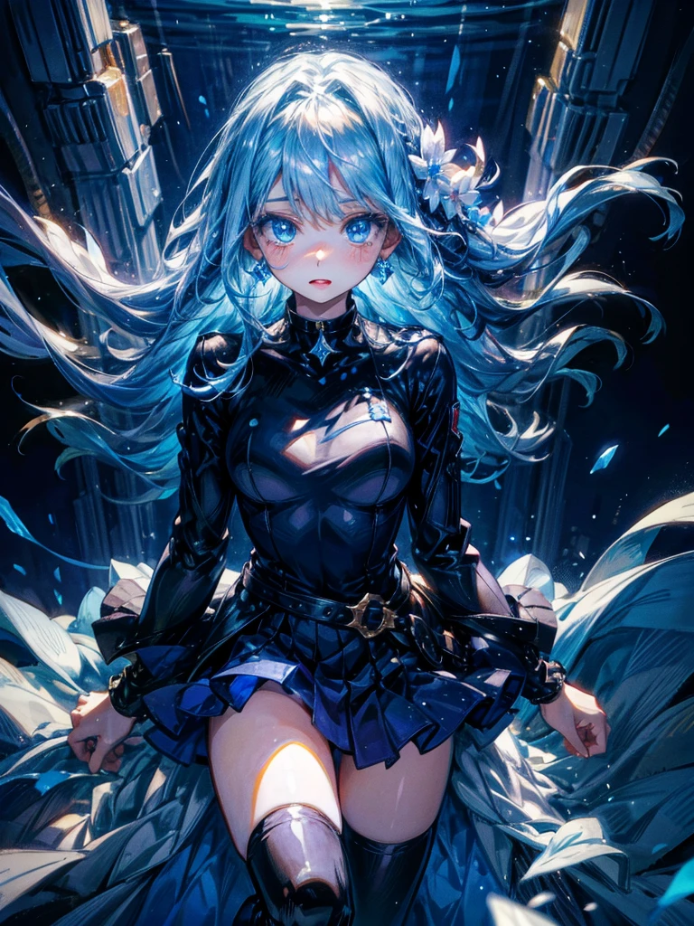 One beautiful woman、((laugh self-deprecatingly))、Raise the corners of one mouth、Sad、Transparent light blue hair、Crystal-like hair、Blue eyes that shine like jewels、Self-Defense Force Uniforms、Highest quality、masterpiece、Super detailed、Black choker with sapphires