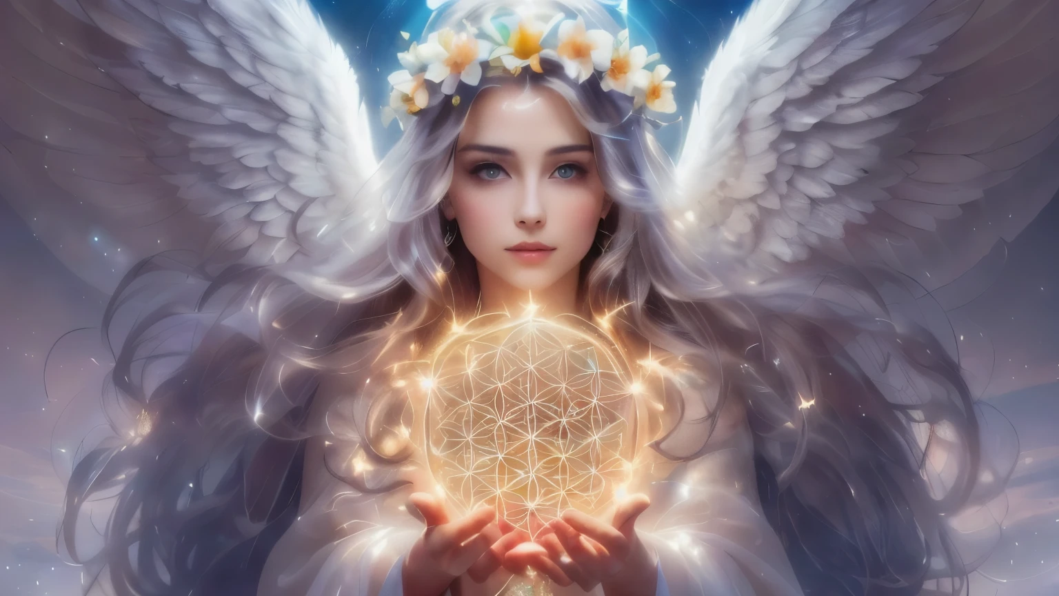 a woman holding a Flower of Life in her hands, ethereal Angelic being of light, divine woman, glowing Angelic being, Flower of Life, Angelic halo, Angelic light, Flower Goddess, Angelic, Angelic purity, Marie Angel, Goddess of Light, Guardian of Life, Heavenly Goddess, Angelical, Metatron, Angelic霊の導き, Goddess of love and peace