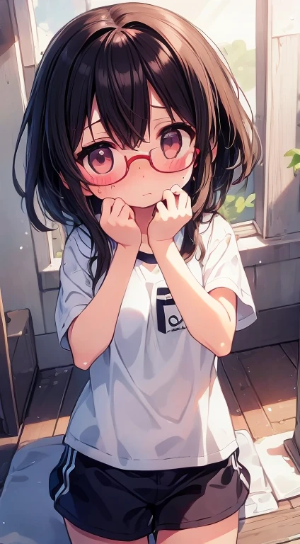 (Big red round glasses:1.3)、(Timid girl、blush、Watery eye:1.2)、Long black hair、White short sleeve shirt、Navy blue shorts、Gym suit、  body、Flat body