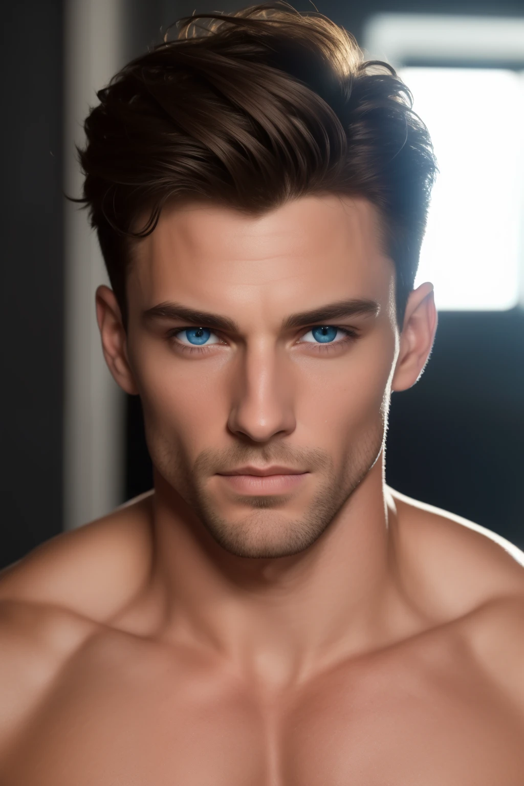 High-quality, 8K UHD, masterpiece, anatomically correct, super detailed, photorealistic close-up of an incredibly attractive man. The man is shown in a chiseled, athletic form, devoid of any clothing, showcasing his toned abs and muscular physique. The man's skin is handled with extreme detail, exhibiting a tanned, smooth texture that seems almost reachable. His luminous blue eyes gaze intensely into the camera, exuding an air of confidence and allure. The photograph is shot in a natural light setting, with dramatic, cinematic lighting that highlights his flawless features. Every detail, from the stubble on his jawline