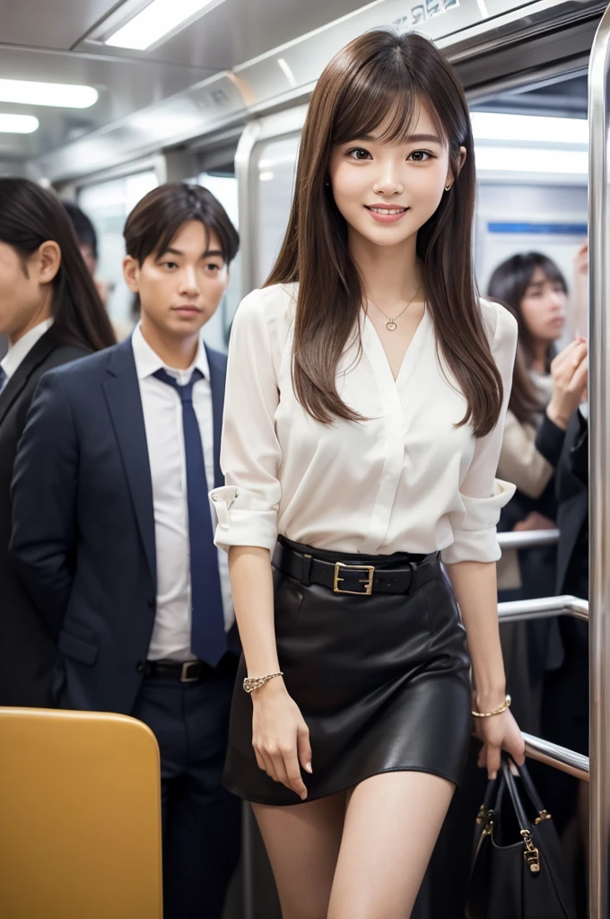 A packed train in tokyo, office ladies commuting to work, suits, people standing so close together that their bodies are touching, ((full body)), ((photo)), ((best qualtiy, 8K, tmasterpiece:1.3)), Focus:1.2, perfect figure beautiful girl:1.4, 1girl, cowboy shot, look at viewer, incredibly absurd, beautiful and cute girl with a photorealistic face, showcasing top-quality craftsmanship, A Japanese woman looking cramped on a crowded train, 20 years old, long dark brown hair that falls to her shoulders, long shiny hair, with bangs, side parted hairstyle, brown eyes, round face, small nose, cherry red lips, bright smile, white teeth, smooth skin, healthy complexion, small ears, natural eyebrows, long eyelashes, slim, well-balanced proportions, moderate muscle, slim waist, round hips, supple limbs, short nails, beautiful C cup breasts, white blouse, black tight skirt, heeled pumps, silver necklace and bracelet, black belt, pretty older woman, beautiful, neat, soothing, cute voice, polite, kind-hearted, responsible, positive, optimistic, sociable, good communication skills, April