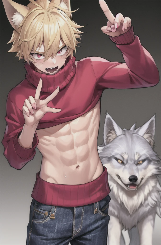 horikoshi kouhei, 1boy, absurdres, sweater,   with abs, blonde hair, pink highlights in blonde hair, freckles on face, freckles on entire body, pink eyes, blurry, blurry background, boku no hero academia, chama kou, highres, looking away, male focus, muscular  male, muscular male, open mouth, red eyes, long hair, cruly hair, sweat, sweater crop top, jeans, wolf tail, wolf ears, wolf claws, wolf fangs, twitter username, peace sign pose, 

